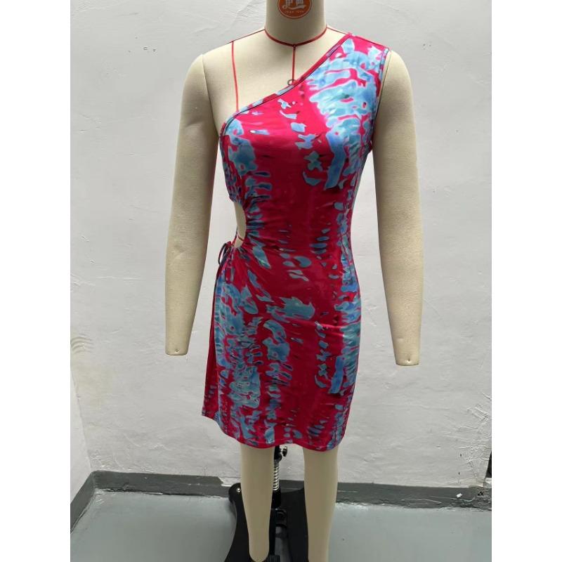 Летнее печатное сексуальное платье на одно плечо с диагональным воротником на шнуровке для женщин