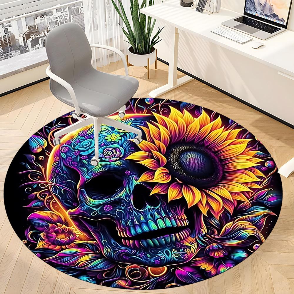 1pc Colorful Skull Art Chair Carpet for Office, Round Non Slip Durable Large Size Office Carpet, Suitable for Office
