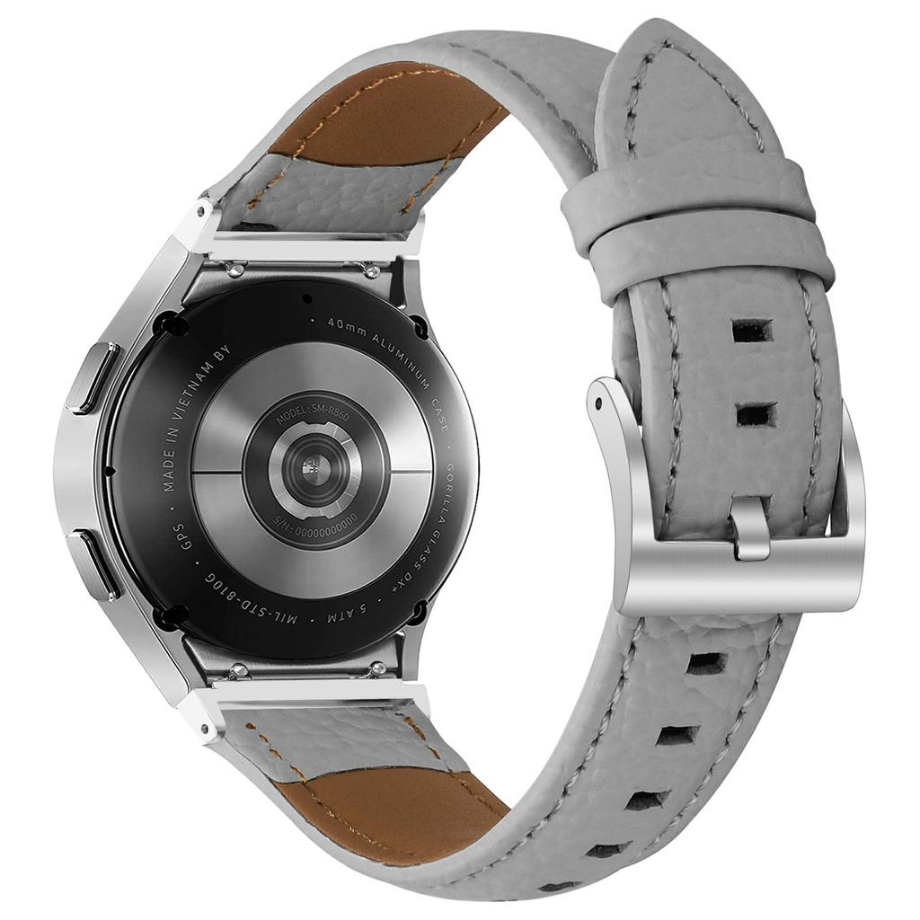 Genuine Cow Leather Strap with Connector for Samsung Galaxy Watch FE 40mm/Watch7/Watch6/Watch 5/Watch4 Litchi Texture Silver Buckle Watch Band