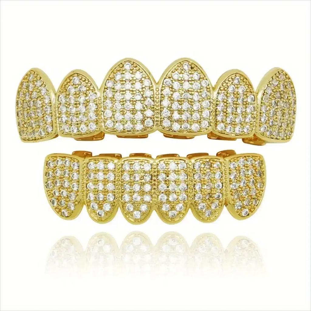HipHop CZ Teeth Set For Unisex Top Bottom Mouth Gold Color Teeth Tooth Cap Removable Dental Fashion Jewelry