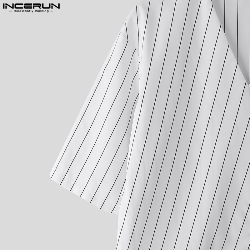 INCERUN Мужские повседневные футболки с V-образным вырезом, коротким рукавом, полосатым перекрестом спереди, асимметричным низом