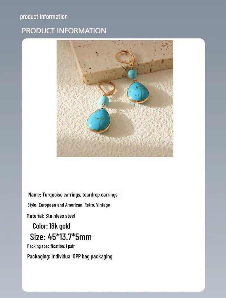 Винтажные французские серьги-капли бирюзового цвета для женщин - Коллекция Осень/Зима