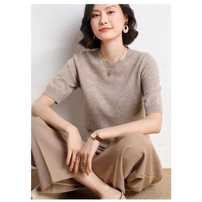 Женский свитер с круглым вырезом, шерстяной свитер с короткими рукавами, однотонный, для поездок на работу, простой, повседневный, трикотажный низ рубашки, теплый, удобный, на осень