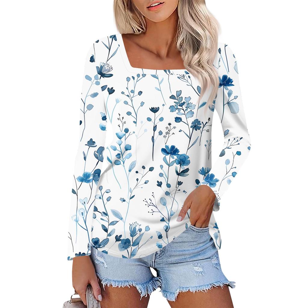 Shirt For Women's Fashion Casual Square Neck Long Sleeve Loose Printed T-Shirt Ladies Top