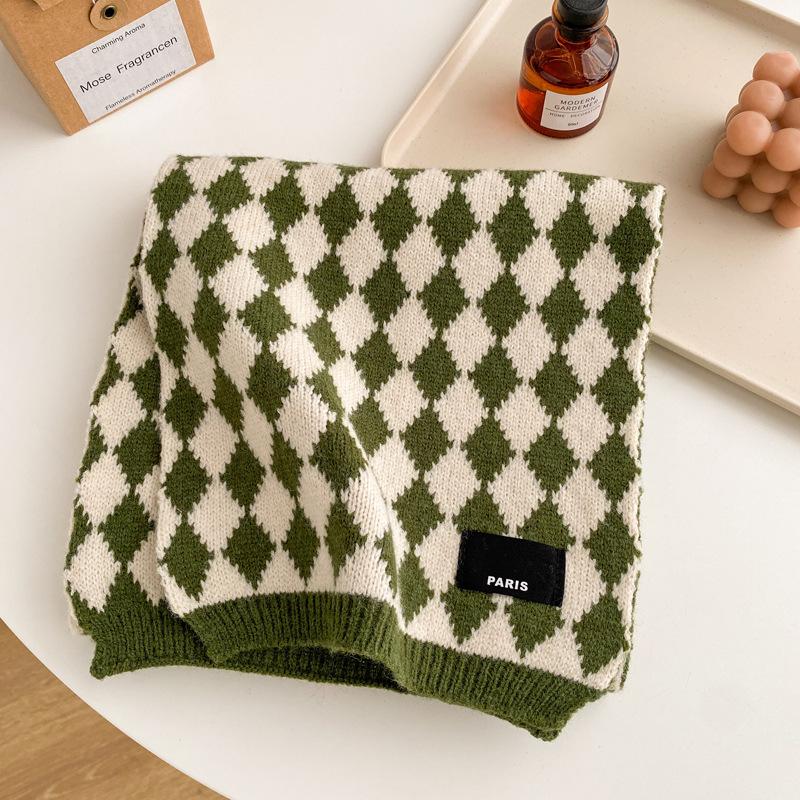 Blue Checkerboard Wool Small Scarf Female Winter Warm Versatile Student Couple Short Scarf