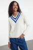 Women's Elegance Style Sweater Stone Soft Textured V-Neck Color Blocked Knitwear Sweater