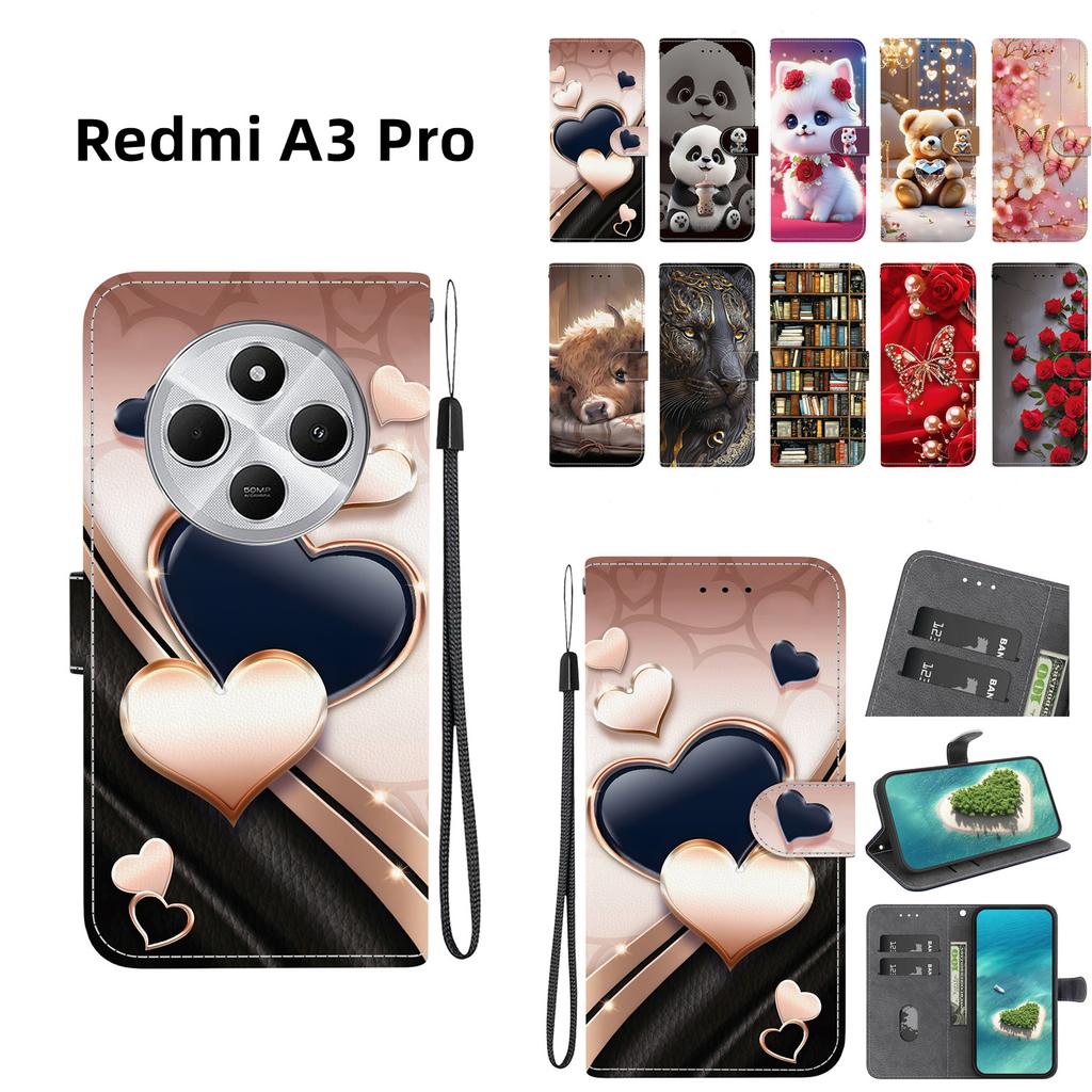 Чехол-книжка из искусственной кожи ручной работы для Redmi A3 Pro 4G, противоскользящая противоударная обложка с ремешком на запястье и дизайнами в виде кошек с сердечками/розами