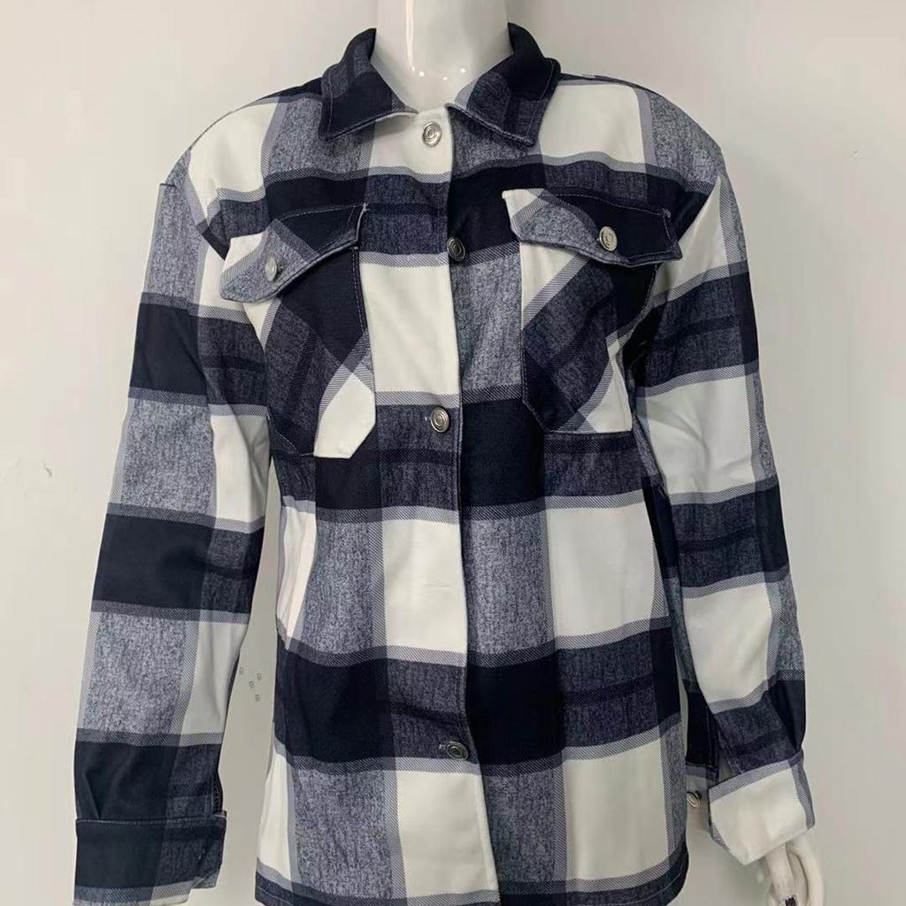 Women's And Winter Fashion Loose Plaid Print Pocket Long Sleeve Jacket