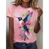 Женская футболка с цветочным принтом и птицами, повседневная, с коротким рукавом, круглым вырезом, обычные топы, повседневный принт, розовое лето