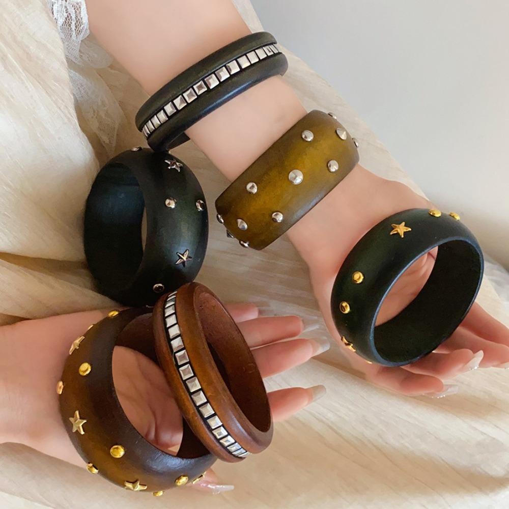 Chinese style Wooden Bracelet Wide Rivets Bangle Simple Round Bracelet  Party