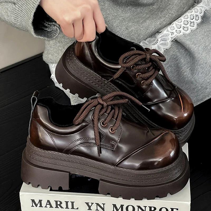 Мода 2025 Весна Женские туфли Мэри Джейн JK Модные туфли на шнуровке Винтажная платформа Элегантные туфли на толстом каблуке