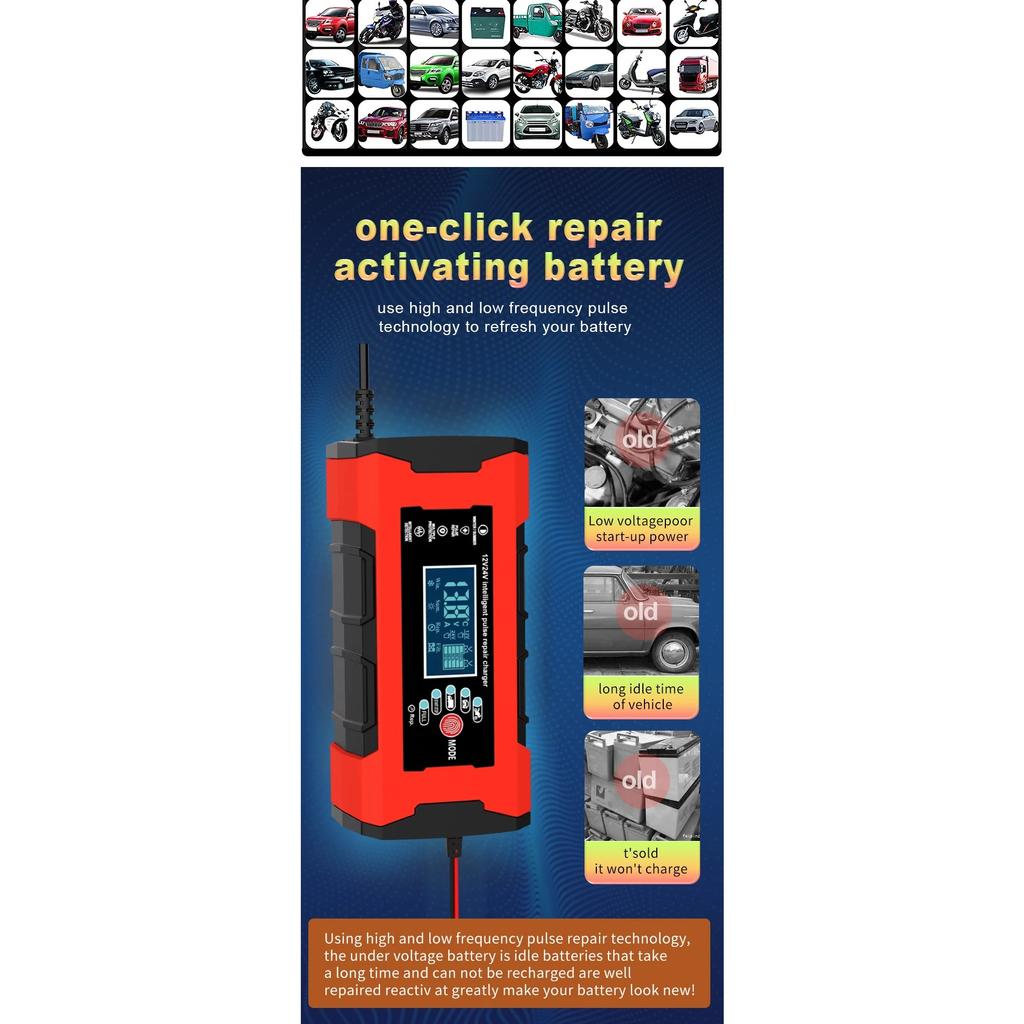 Зарядное устройство для аккумуляторов 24 В 5 А 12 В 10 А, умная быстрая зарядка для автомобильных аккумуляторов, 7-ступенчатый импульсный заряд, ремонт для AGM GEL WET свинцово-кислотных аккумуляторов