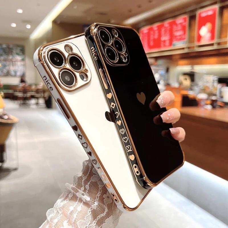 Soft Electroplated Love Heart Phone Case For iPhone 11 12 13 14 15 Pro Max XS X XR 7 8 Plus Mini SE 2020 Silicone Cases Cover