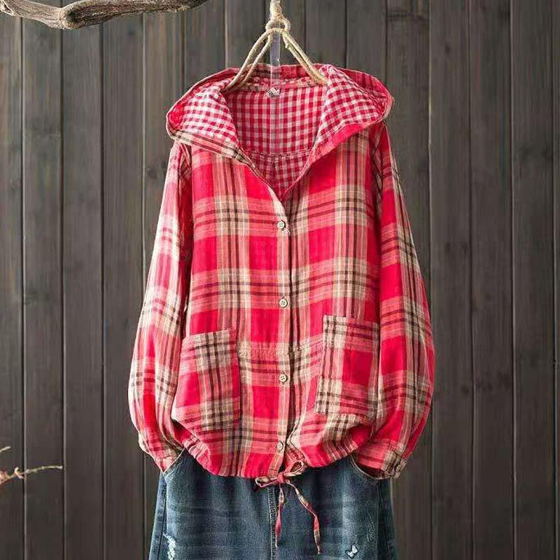 Hooded Double-layer Cotton Yarn Plaid Shirt Large Size Literary Retro Casual Cardigan Top Jacket