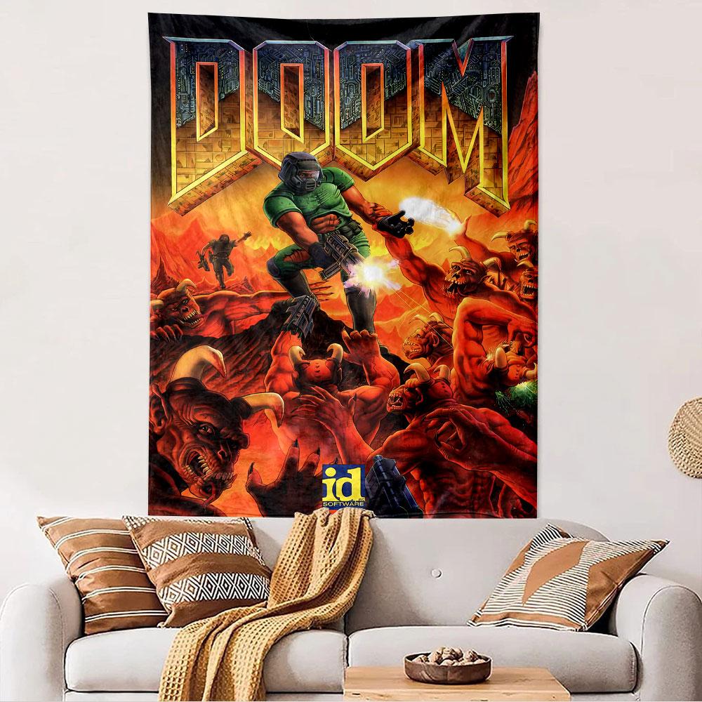 Гобелен Doom для стены, Классическое игровое искусство FPS, Декор стены для геймера в спальне, гостиной, общежитии
