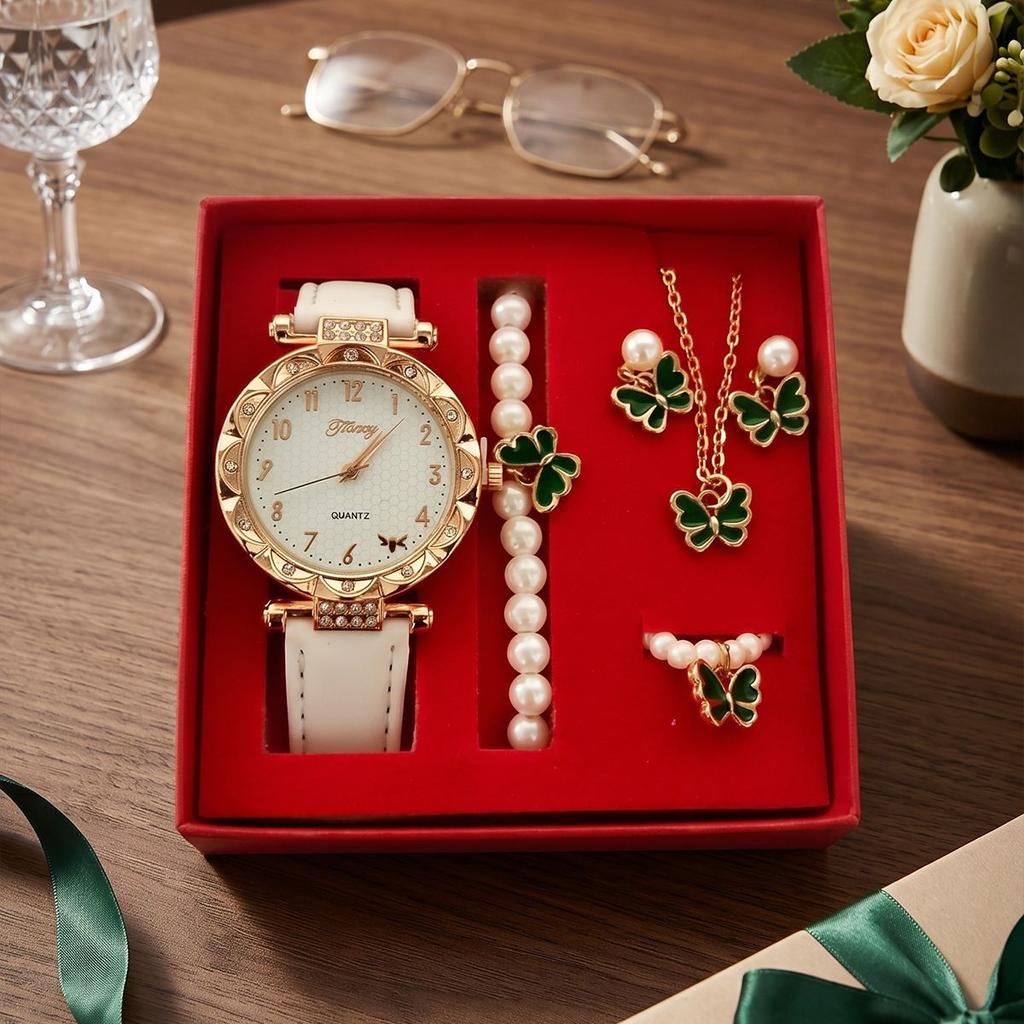 Butterfly Jewelry Women Watch Gift Box Set, Quartz Fashion Wristwatch With Pearl Bracelet For Holiday And Souvenir Present