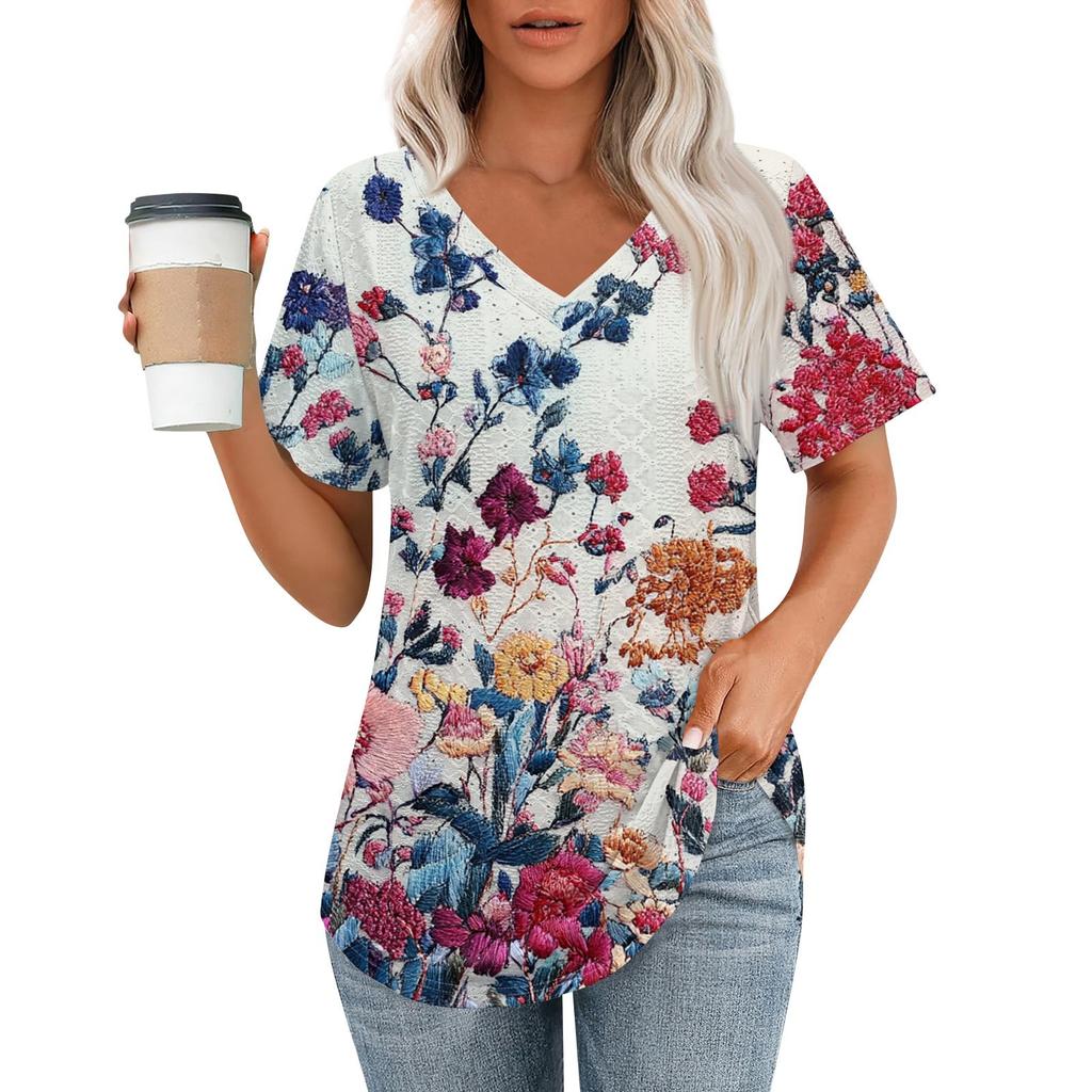 Womens T Shirts V Neck Short Sleeve Casual Tops Loose Fit Basic Tees With Curved Hem