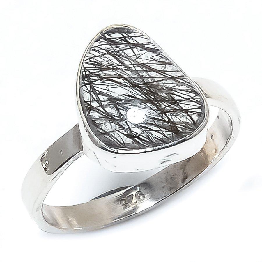 Натуральный черный рутиловый драгоценный камень ручной работы ювелирное изделие кольцо из стерлингового серебра 925 пробы S.6 T3J28