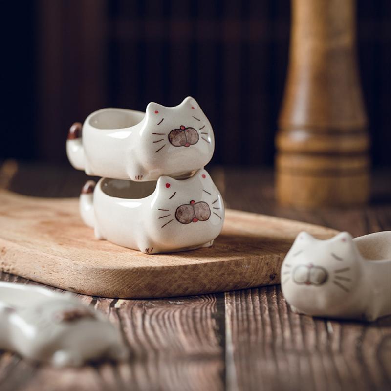 YWDL Мини-мультяшная тарелка для соуса с котом, керамическая тарелка для кетчупа, соевого уксуса, кухонный нож, вилка и палочки для еды, подставка для украшения стола