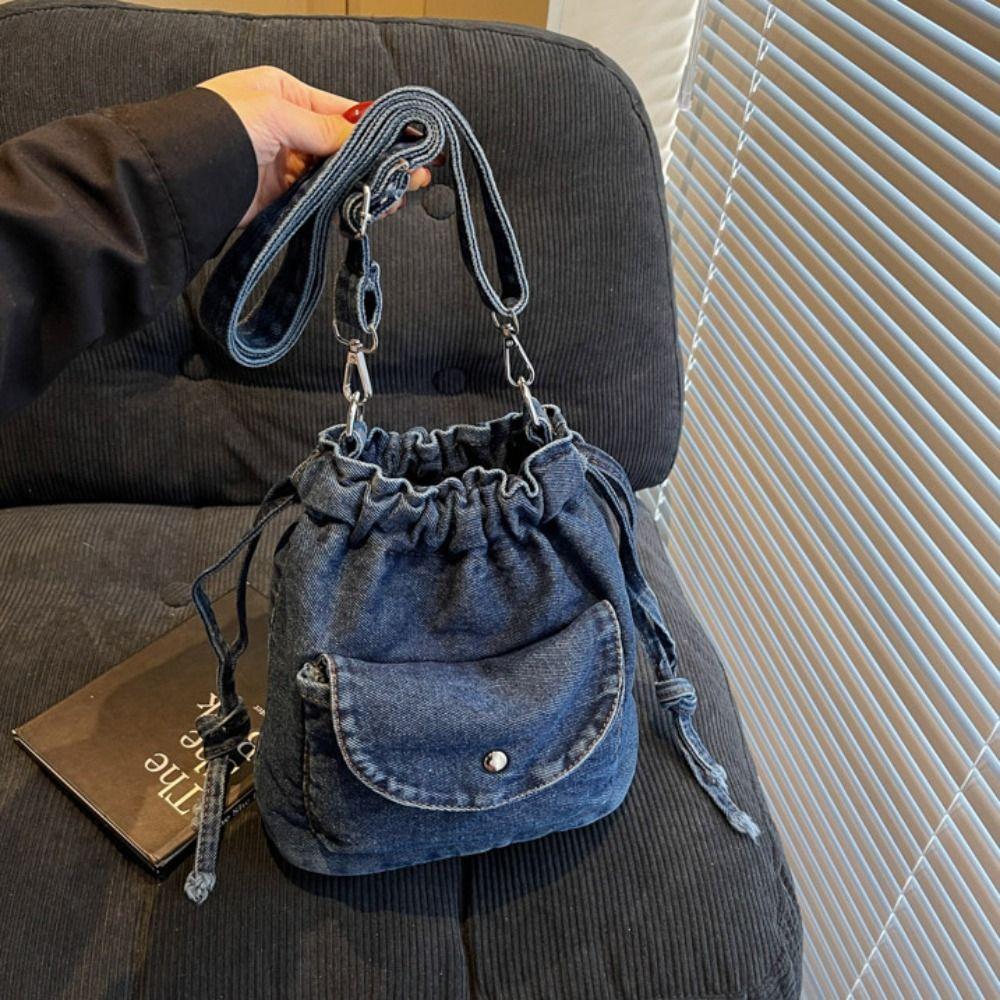 Crossbody Bag Drawstring Bucket Bag Korean Style Mobile Phone Bag Retro Denim Shoulder Bag Women