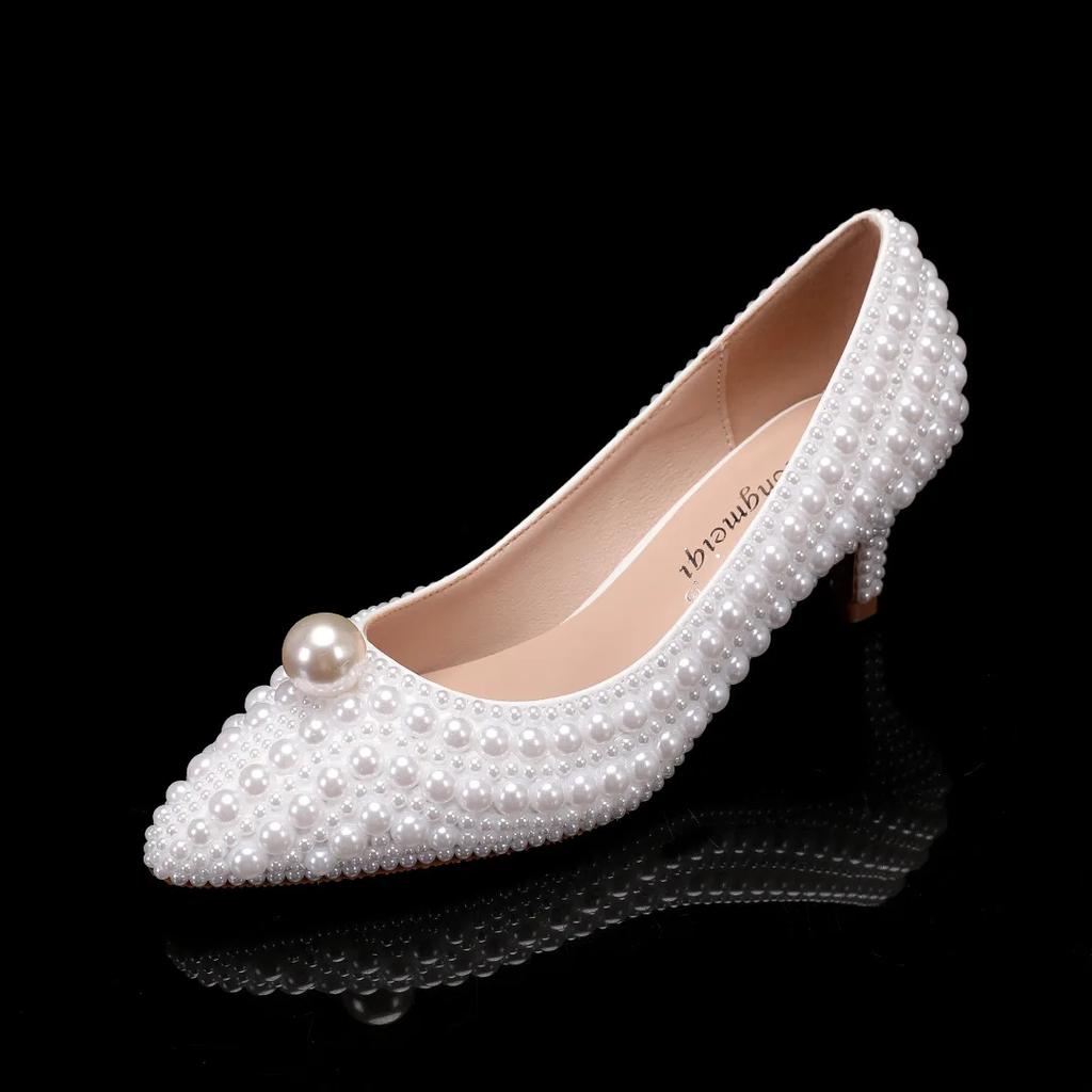 Fashion New Luxury High Heel Women's Shoes 8.5cm Thin Heel Pointed White Pearl Bridal Wedding Shoes Fashionable Shallow Mouth High Heels