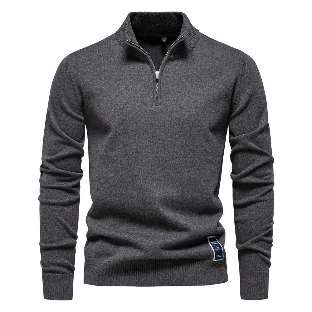 New Solid Color Cotton Sweater Men'S Stand Up Collar Half Zipper Slim Fit Men'S Knitted Sweater Top