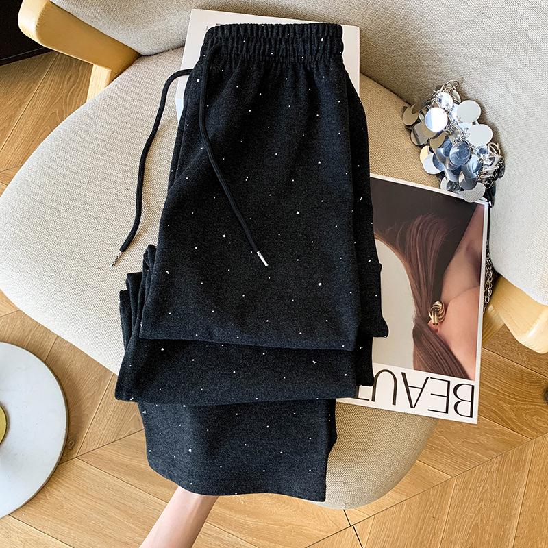 Heavy Rhinestone Velvet Cashmere Wide-Leg Pants - Women's Autumn/Winter Floor-Length Casual Sweatpants