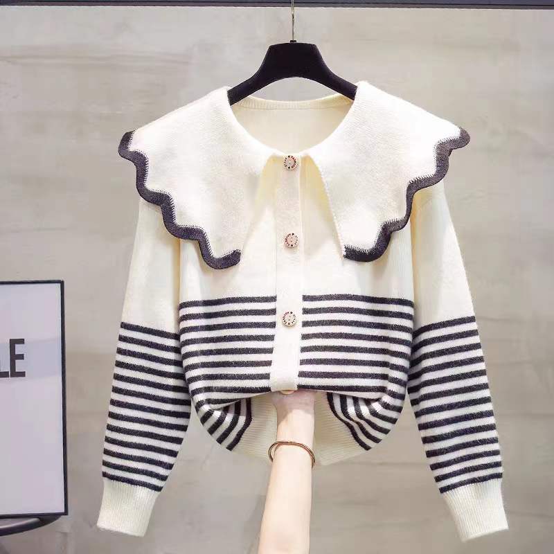 Женский вязаный кардиган с кукольным вырезом, весна-осень 2023, новая корейская версия, свободная верхняя одежда, топ, полосатый свитер, пальто-кардиган