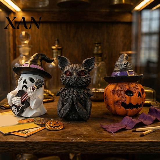 Hand Painted Gothic Home Decor Halloween Resin Figurine, Spooky Skeleton Pumpkin Ghost Statue for Retro Mottled Texture Ornaments Tiered Tray,