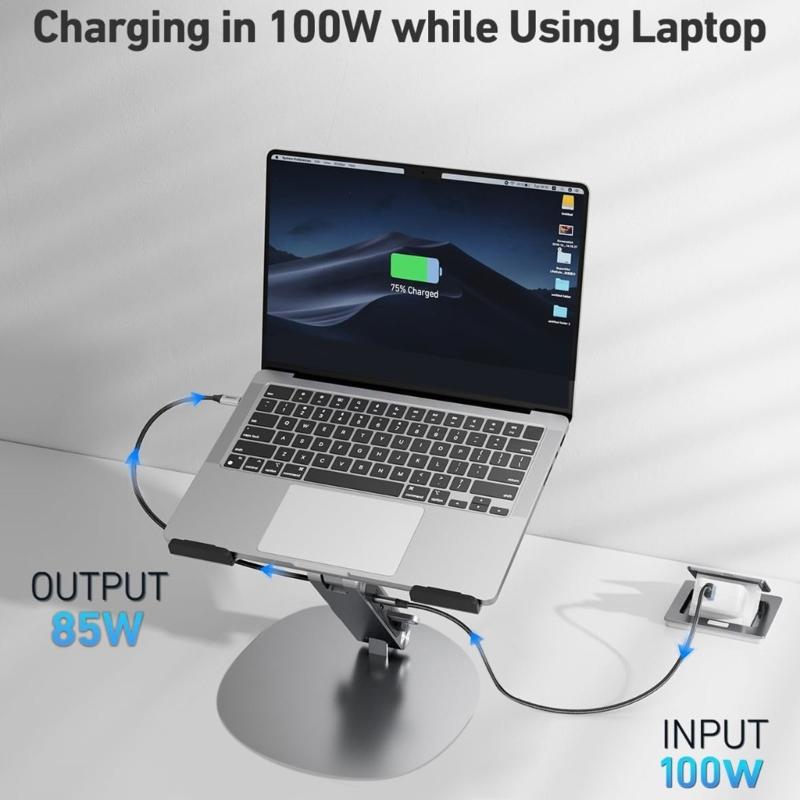 Регулируемая по высоте алюминиевая подставка для ноутбука с прилагаемым USB Type-C кабелем, обеспечивающим быструю зарядку 100 Вт и быструю передачу данных по USB