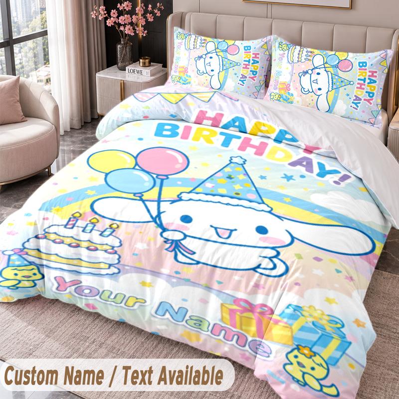 Custom Name Text 3Pcs Bedding Set Cinnamoroll Duvet Cover And Two Pillowcases