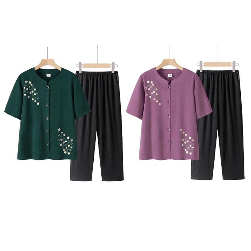 Women's 2 Piece Summer Outfit Short Sleeve Floral Embroidery Button Blouse & Elastic Waist Pants Set Casual Loungewear