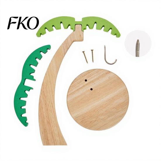 Solid Wood Banana Rack Wooden Hanger, Coconut Tree Shape, with Metal Hook, Tropical Fruit Holder Theme Stable Base Rack, for Kitchen Countertop