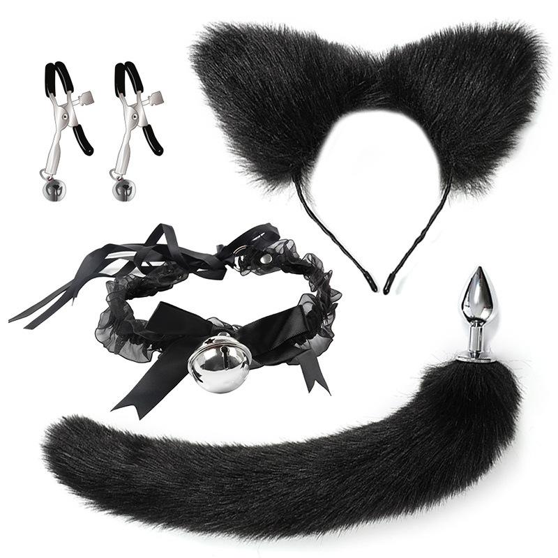 Adult Erotic Set for Women-Cat Tail Anal Plug Mouth Gag Nipple Clamps Collar Posterior Training Supplies Leather SM Toy