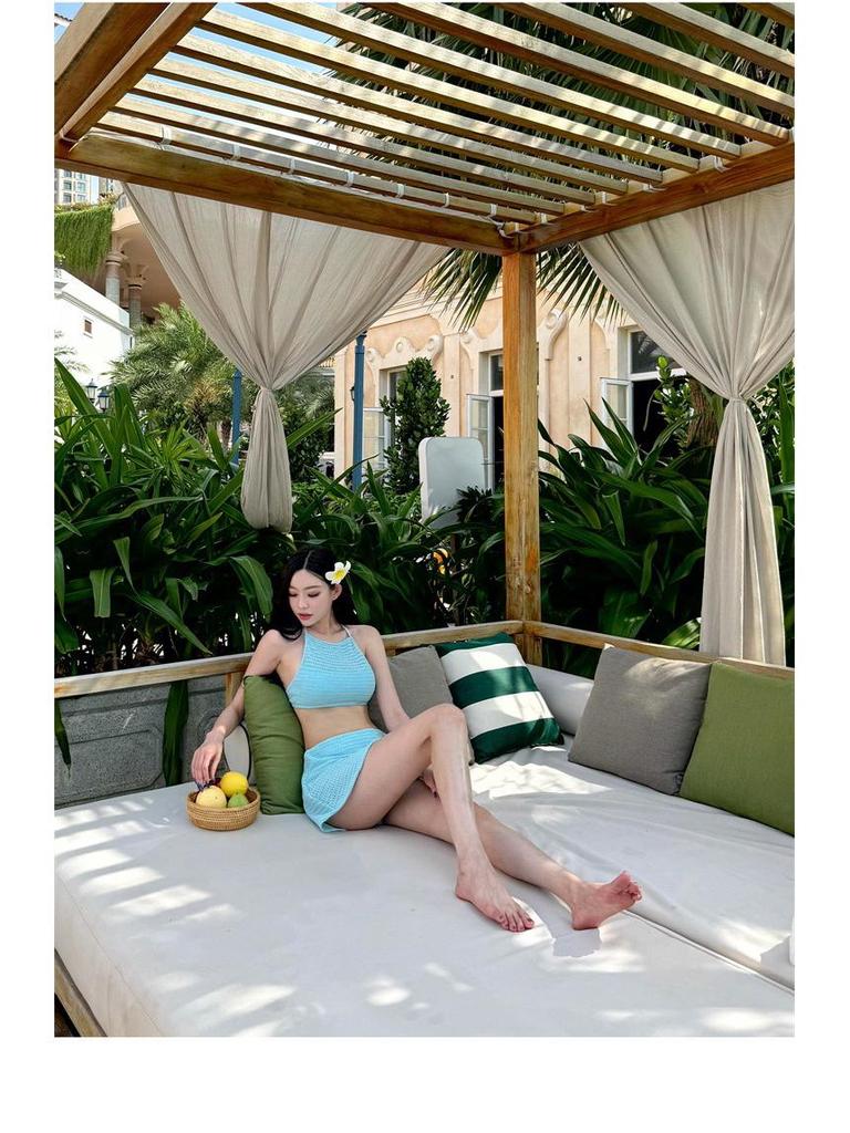 2025 Корейское Сладкое Вязаное Платье с Открытой Спиной: Раздельный купальник Tie-Up Beach Sexy для женщин