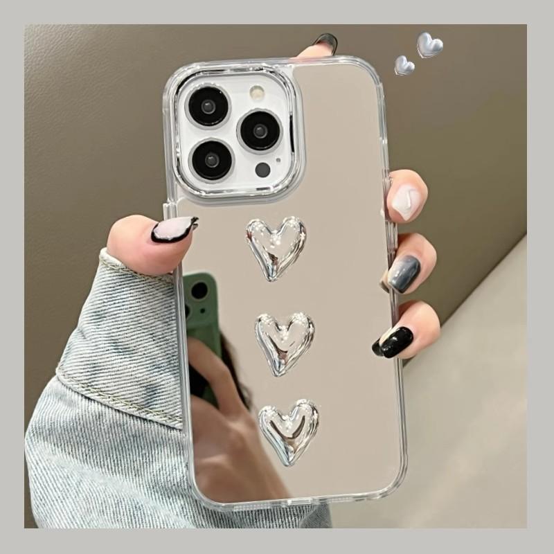 Luxury Make Up Mirror 3D Love Heart Acrylic Case For iPhone 15 14 13 12 11 Pro Max Shockproof Bumper Protection Hard PC Cover