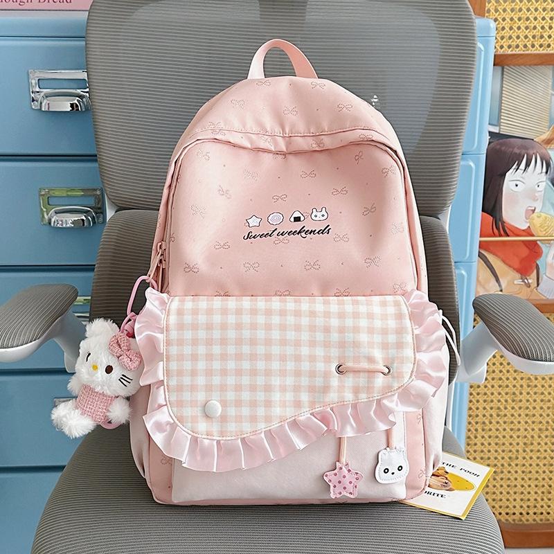 Schoolbag Waxy Jiji Cream Lotus Leaf Edge School Bag Niche Bow Embroidery Girl Plaid Color Matching Junior High School Backpack