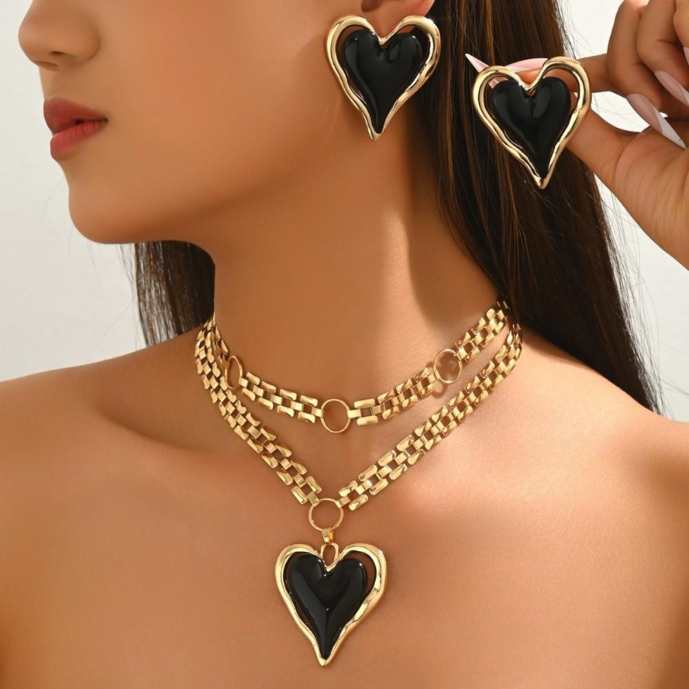 Chunky Chain Statement Necklace Gold Color Heart Pendant Necklace Earrings Jewelry Set Casual Wear