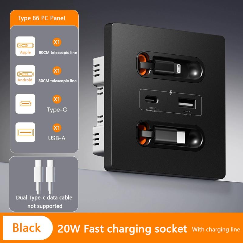 Universal Smart Socket With Charging Line 20W Fast Charge USB C Port PC Power Wall Panel,Mobile Phone Charging Type C Outlet