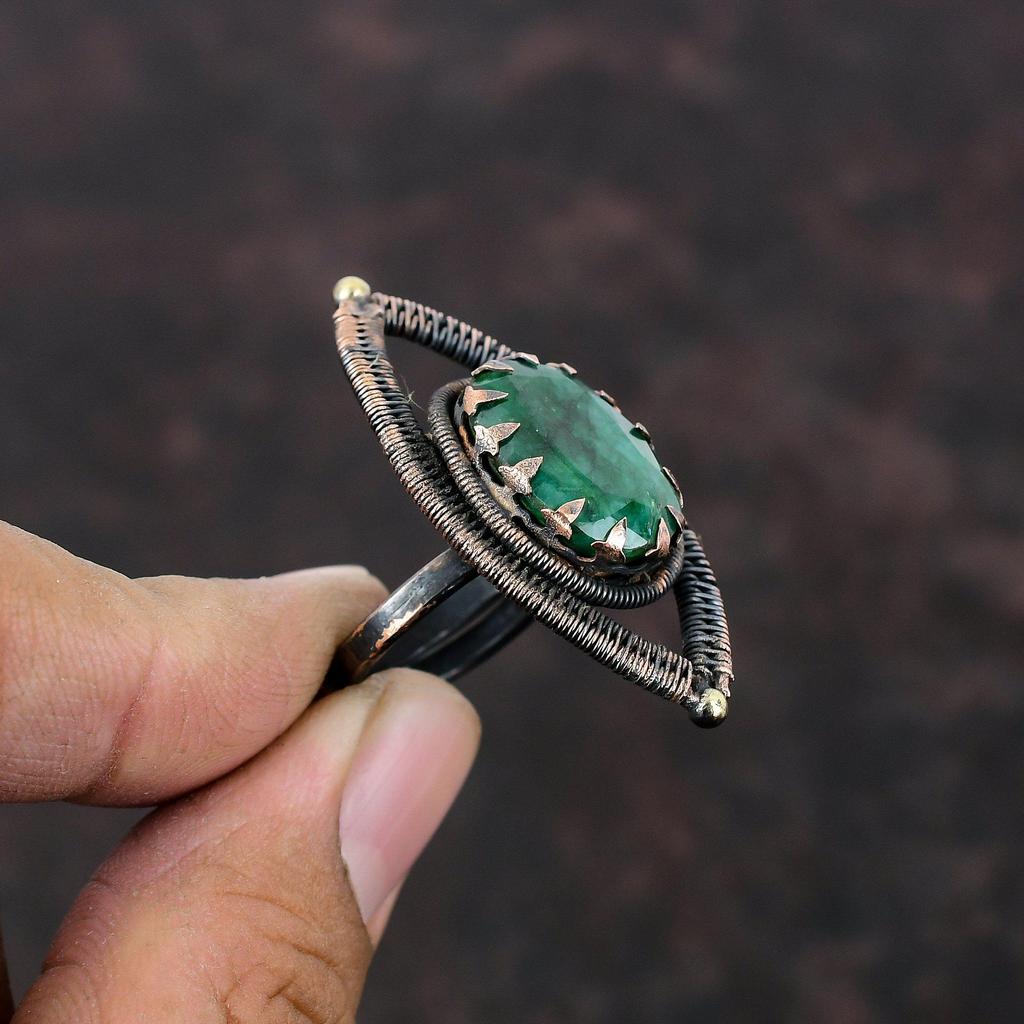 Кольцо с граненым замбийским изумрудом, кольцо из медной проволоки, регулируемое кольцо, ювелирные изделия ручной работы, оригинальное кольцо с драгоценным камнем, медные украшения, подарок на помолвку