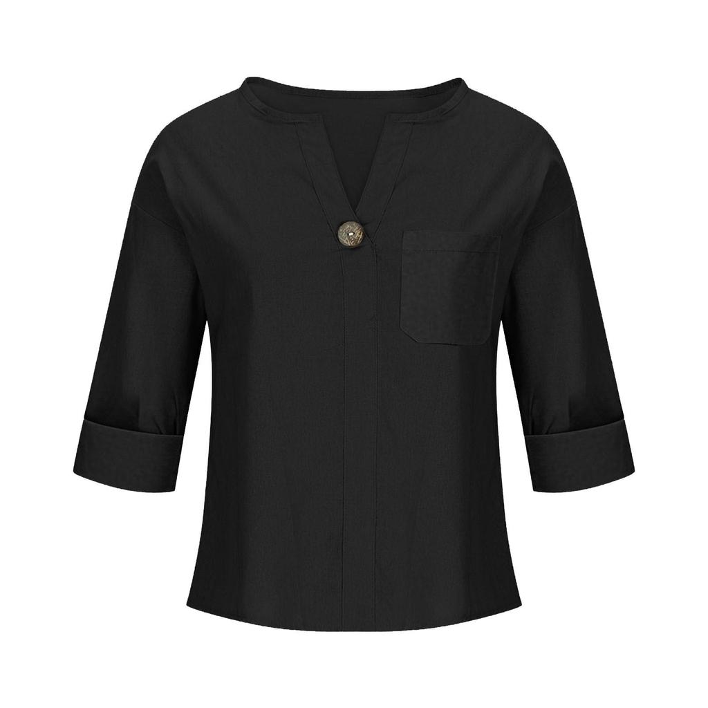 Женская летняя футболка с V-образным вырезом из хлопка и льна на пуговицах, 2025 год.: Loose Fit