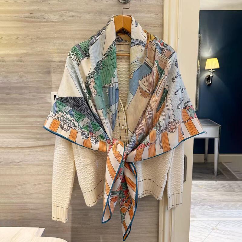 NINA SOLOR Double-Sided Silk Wool Equestrian Pattern Scarf