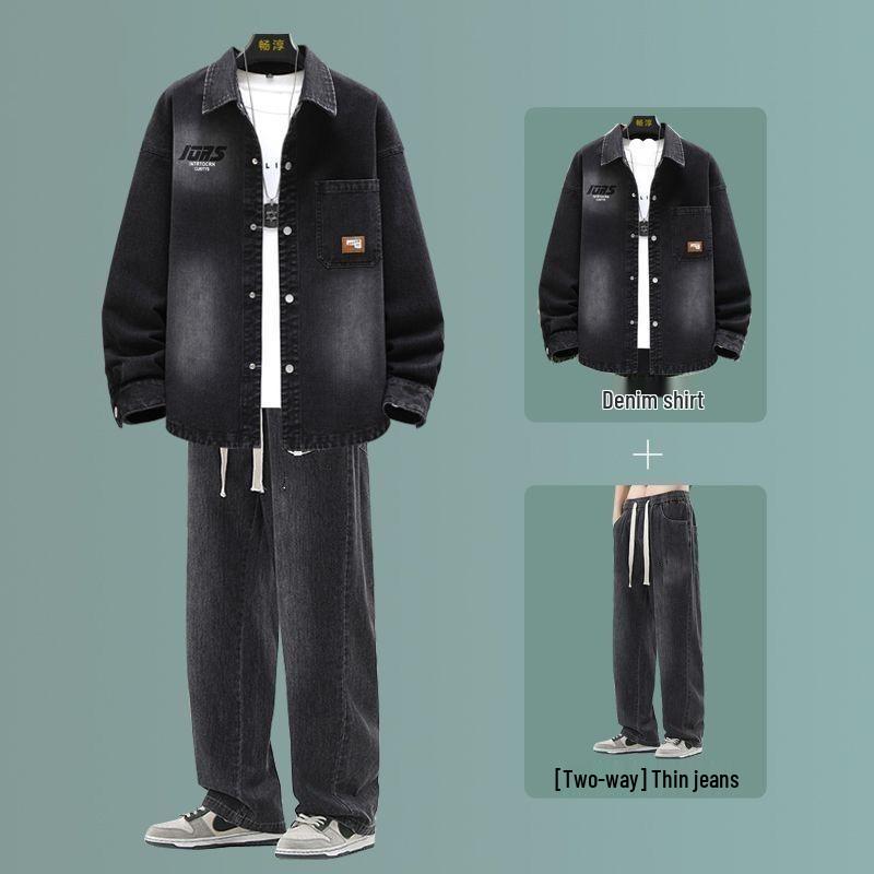 Мужской весенне-осенний джинсовый костюм: Новый комплект пиджака и рубашки с лацканами для студентов 2025 года