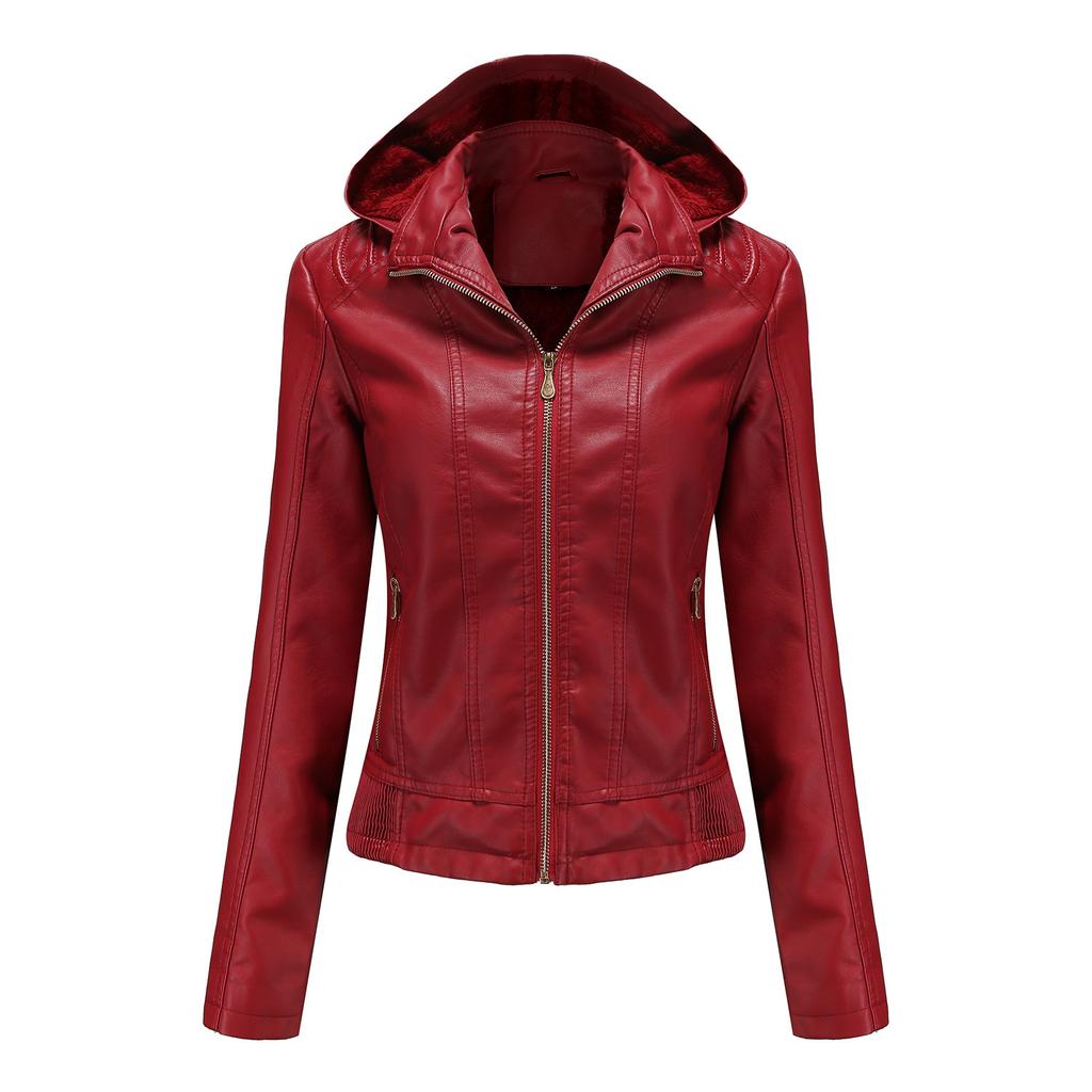Женская кожаная куртка с капюшоном, съемная шапка, молния, длинный рукав, флисовая кожаная куртка, приталенная куртка