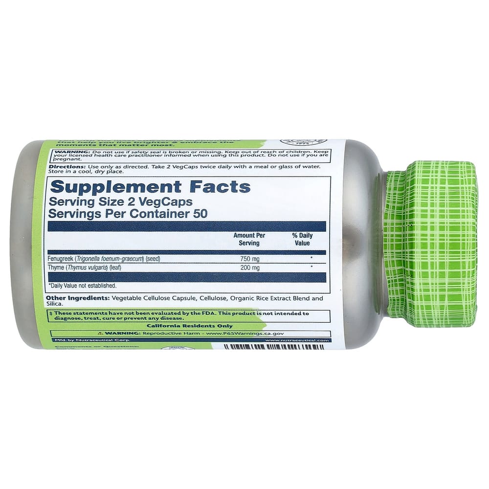 Solaray True Herbs Fenugreek Thyme Veggie Capsules, 100 Count