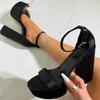 Модные летние женские босоножки на квадратном высоком каблуке 13,5 см на платформе, черные шелковые с ремешком на щиколотке, сексуальные, на толстой подошве, с открытым носком, вечерние туфли для платья