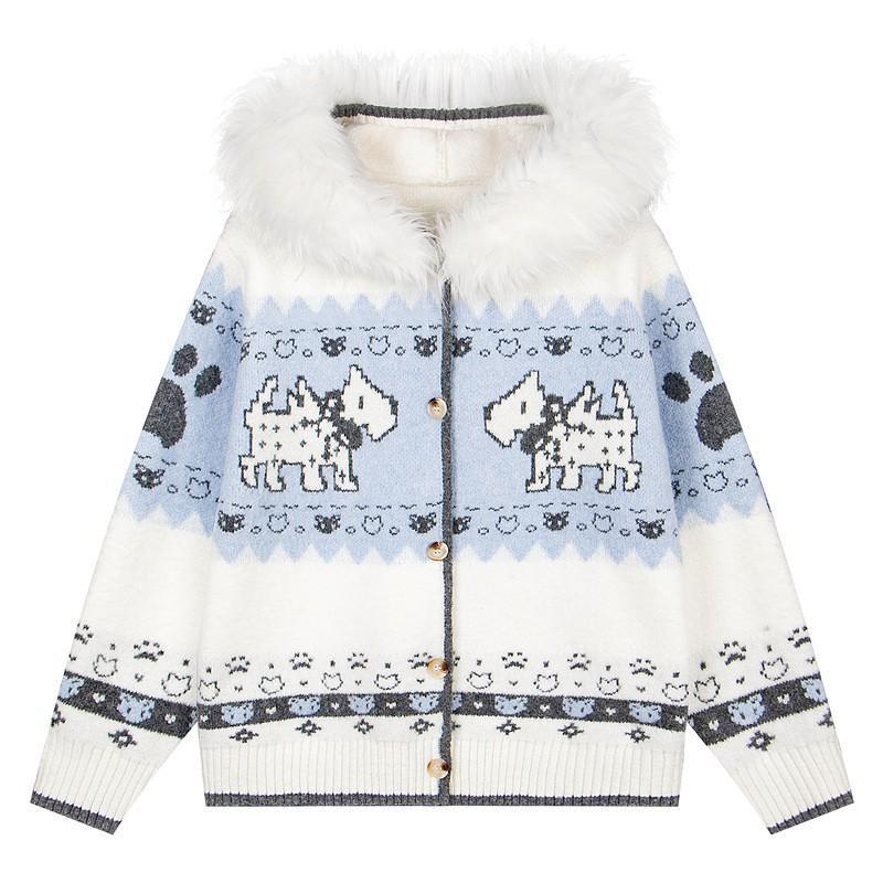 Unisex Vintage Fair Isle Knit Hooded Cardigan With Faux Fur Trim Warm Winter Sweater
