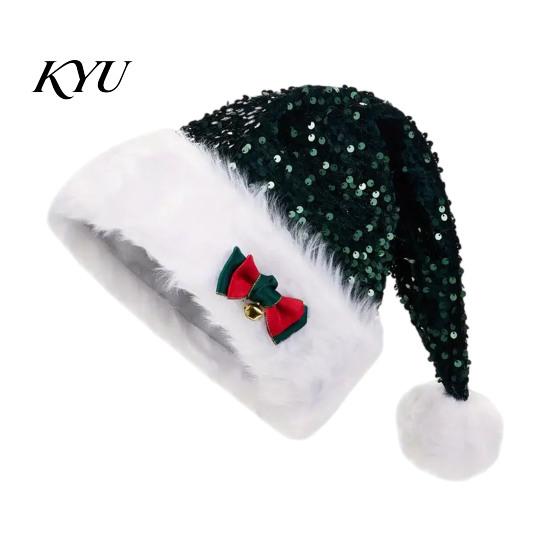 Cute Xmas Headgear for Family Christmas Sparkly Sequins Santa Hat Adults, Velvet Plush Glitter Bling Warm Ear Protection Holiday Cap with Fluffy
