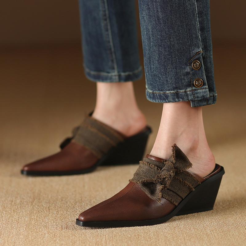 2024 Новые тапочки женские из натуральной кожи Мюли Модные летние туфли на высоком каблуке на танкетке Тапочки женские повседневные офисные туфли женские дамы