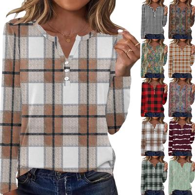 Женская повседневная и модная футболка с клетчатым и полосатым принтом, круглым вырезом и длинными рукавами.